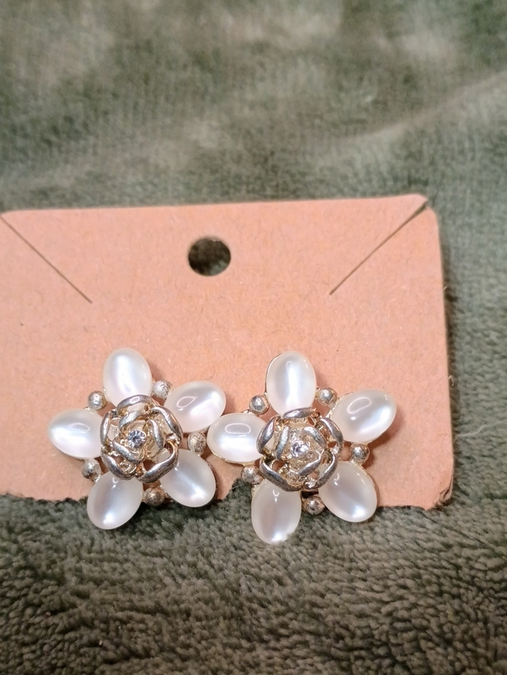 Gold-Tone White Pearl Flower Stud Earrings